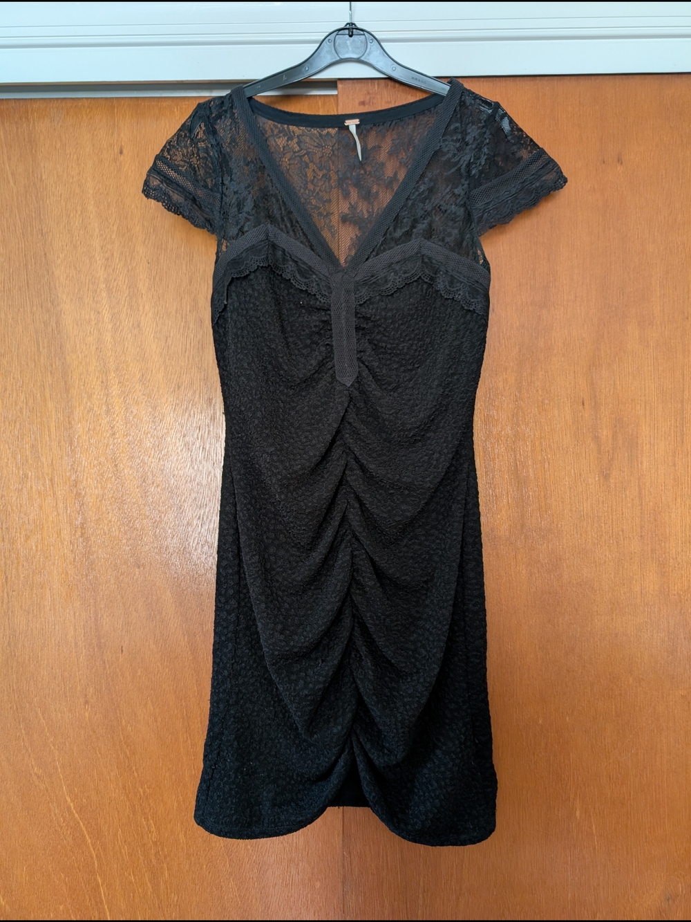 Free People Black Lace V-Neck Ruched Mini Dress Goth Y2K 90s